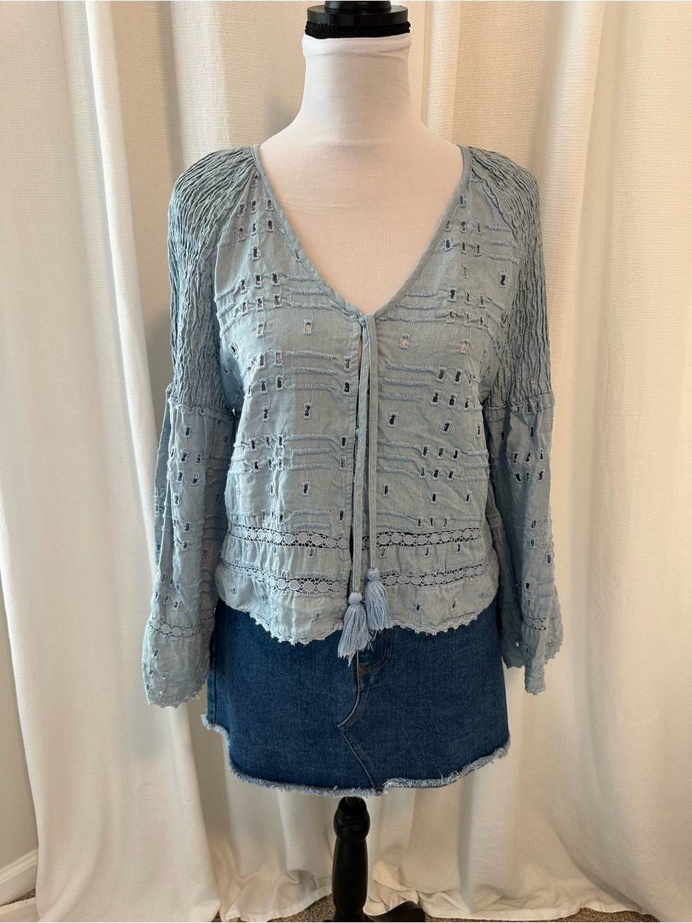 Zara Light Blue Eyelet Detail Top